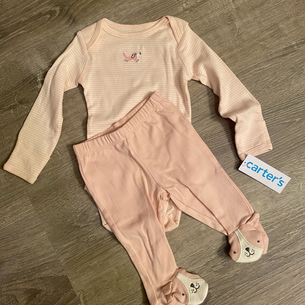 Carter's Light Pink Striped Baby Set with Puppy Design 3month